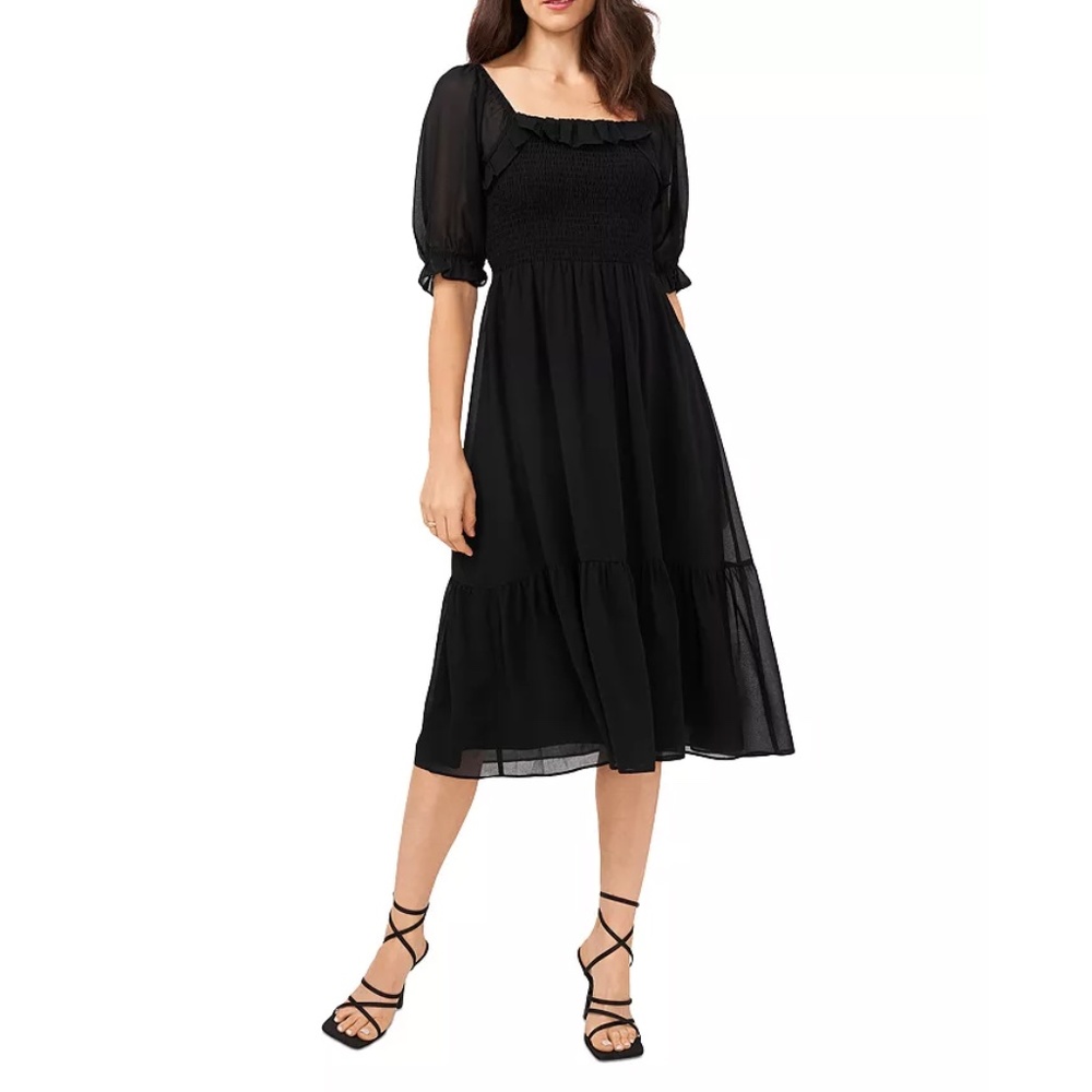 1.STATE Ruffled Smocked Midi Dress - Black - Small